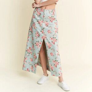 Jade By Jane Full Size Floral Print Front Slit Denim Maxi Skirt Plus Size